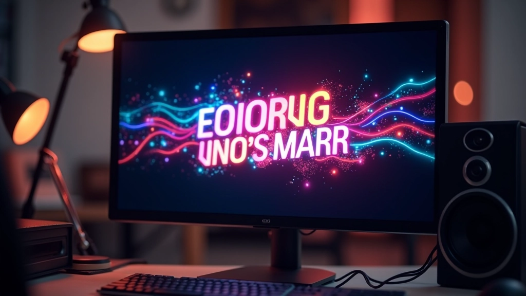 Tela de computador mostrando animação de texto em movimento com efeitos visuais coloridos