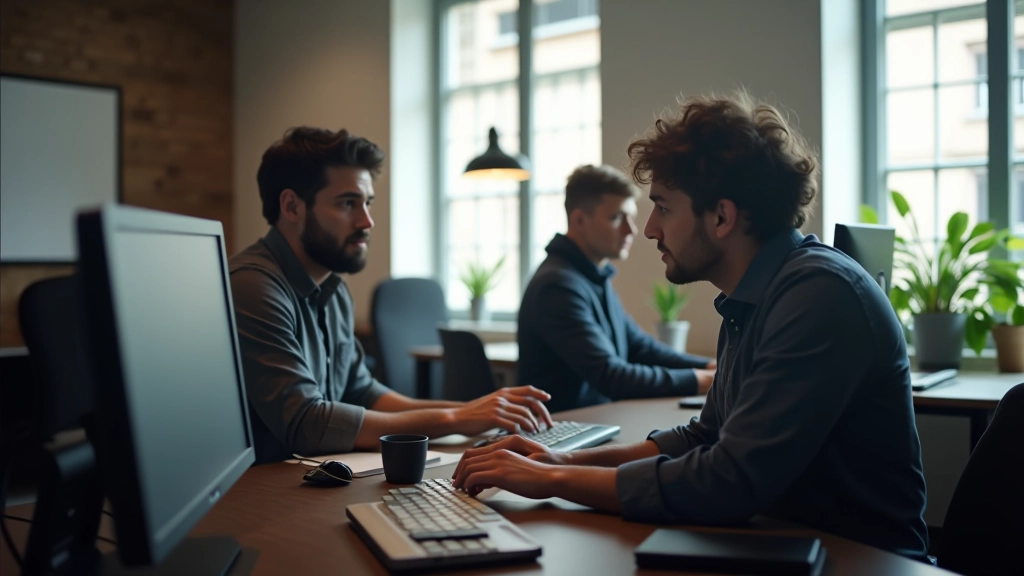 Equipe de designers e animadores trabalhando em estúdio de design moderno com múltiplos computadores