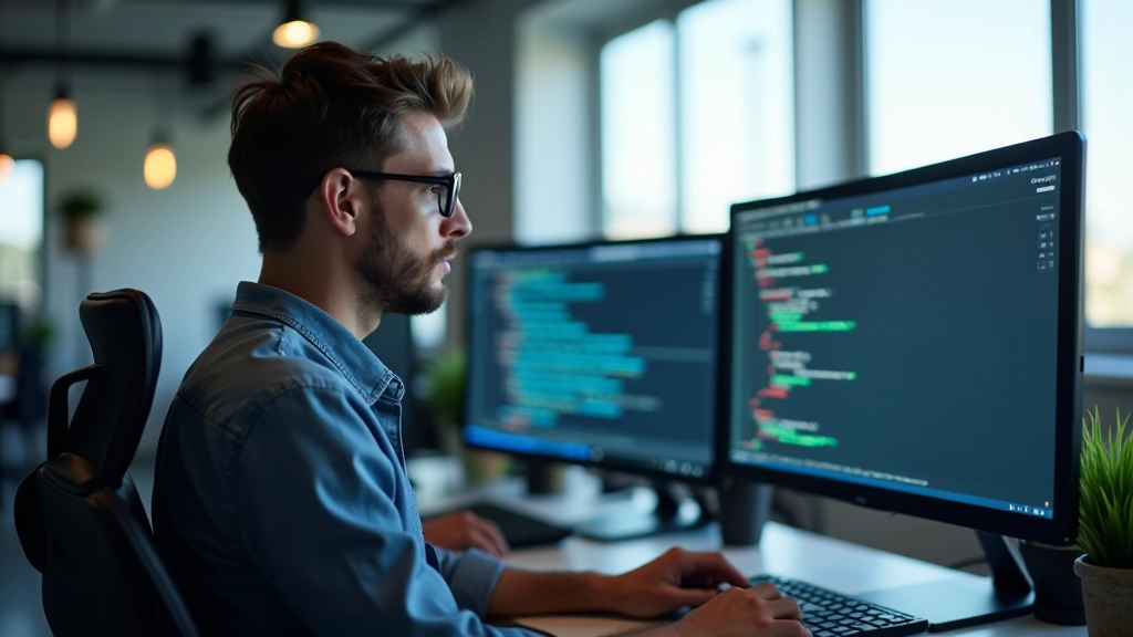 Designer analisando animação de tipografia em monitor de computador, workspace moderno com código CSS visível