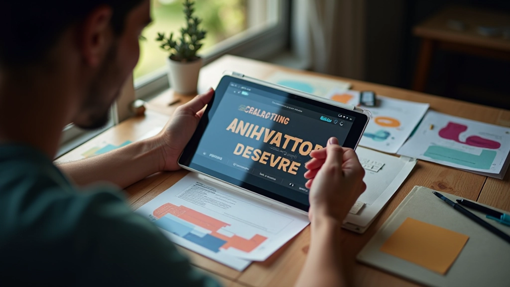 Designer trabalhando em tablet com interface de animação de fontes abertas na tela